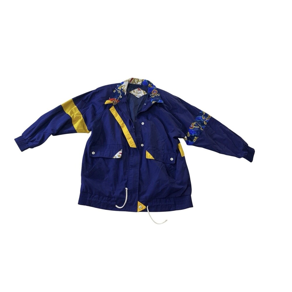 VTG 80s 90s Windbreaker Mariel Blue & Yellow Chain Baroque Bomber Jacket Women L - Picture 2 of 9